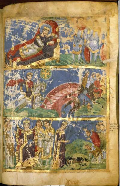 Сон Константина. Битва у Мильвийского моста. Обретение Честного Креста царицей Еленой (миниатюра)