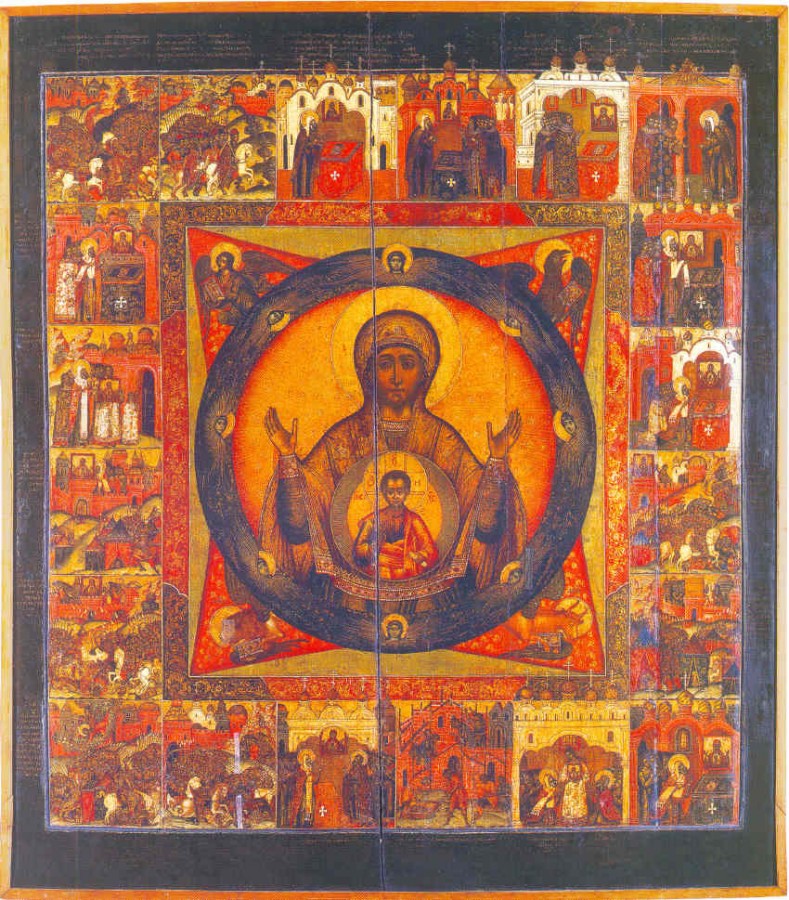 Икона Божией Матери Знамение работы XVII века с изображением связанных с этим чтимым образом событий русской истории