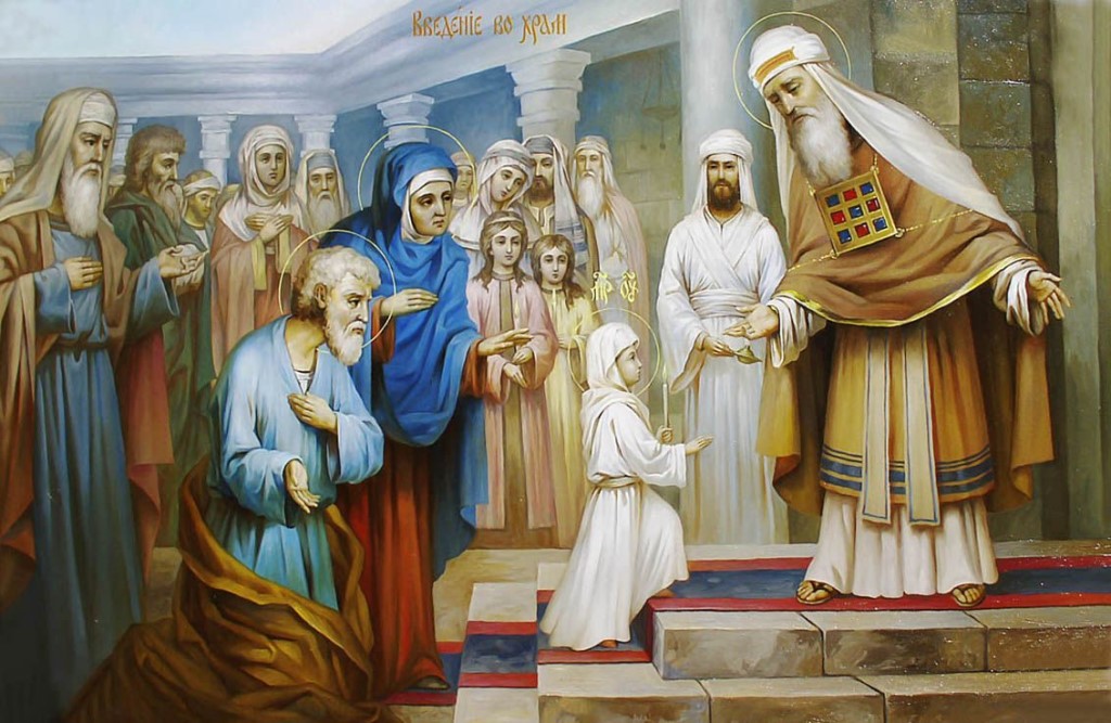 У входа в Храм Деву Марию встретил первосвященник, который взял отроковицу за руку и ввёл Её в Святое Святых
