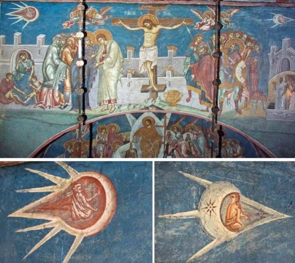 Фреска Распятия и два её фрагмента крупным планом
