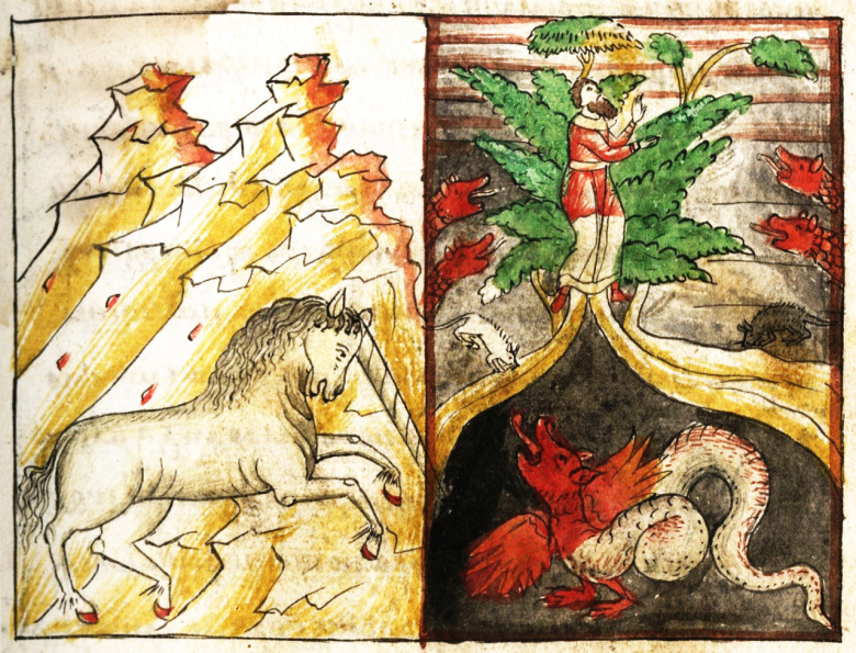 Единорог и змей. Иллюстрация к Притче о единороге. Миниатюра «Жития Варлаама и Иоасафа», XVII век.