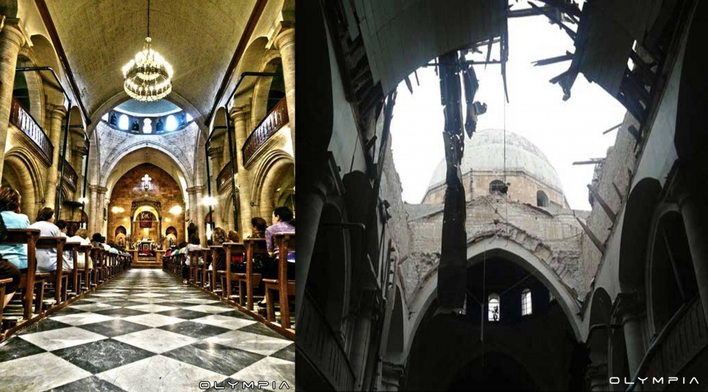 Интерьер собора в Алеппо до и после военных действий
