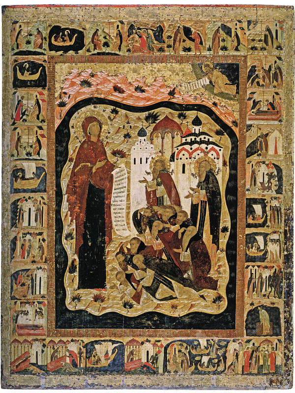 Моление св. Савватия и Зосимы Соловецких Божьей Матери, с житием преподобных (Новогородская)  