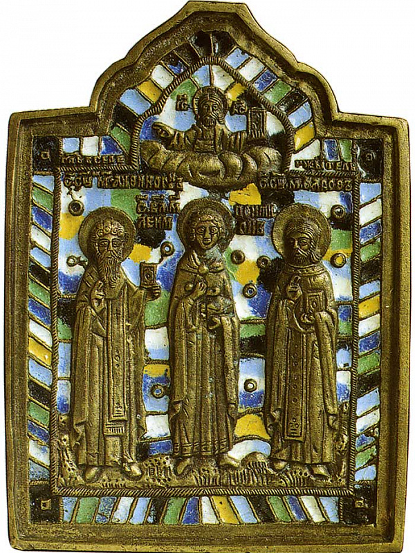 Пантелеимон Целитель со свмч. Афиногеном и Садоком, литая икона 