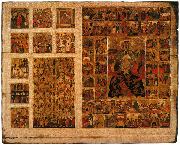 Древо Иессеево на иконе Воскресение и сошествие во ад, с клеймами сцен земной жизни Христа и праздниками