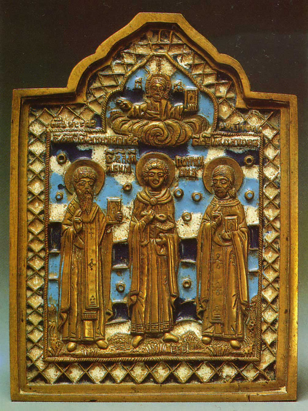 Святые целители Пантелеимон, Афиноген и Садок, литая икона  