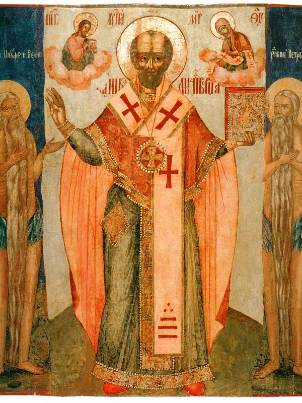 Святитель Николай Чудотворец, с преподобными Онуфрием Великим и Петром Афонским  