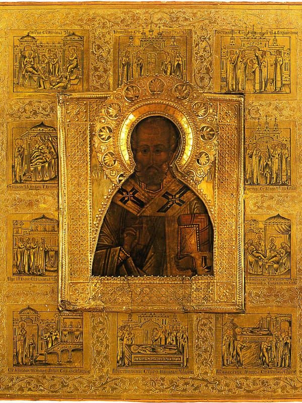 Святой Николай Чудотворец, с житием, в окладе (Палех)  
