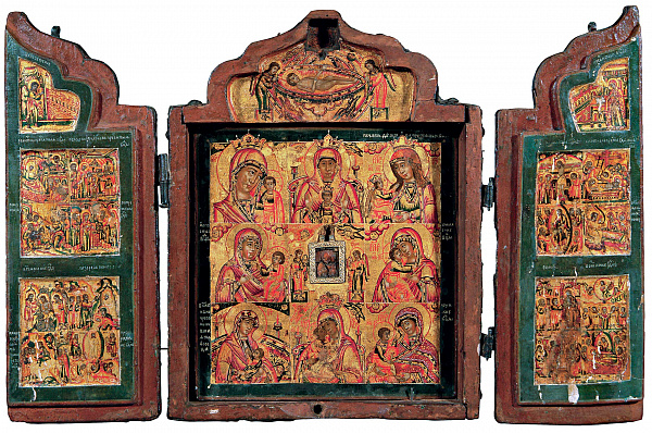 Складень-кузов с нагрудной иконой Богоматери Одигитрии, восемью образами Богоматери и праздниками