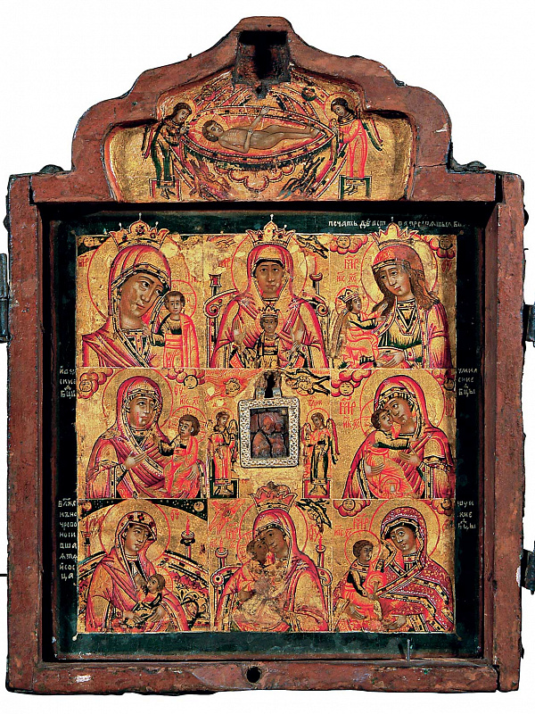 Складень-кузов с нагрудной иконой Богоматери Одигитрии, восемью образами Богоматери и праздниками