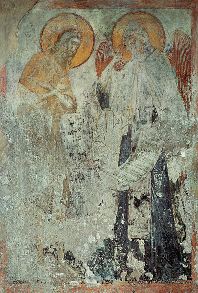 Преподобный Пахомий Великий и ангел, фреска 