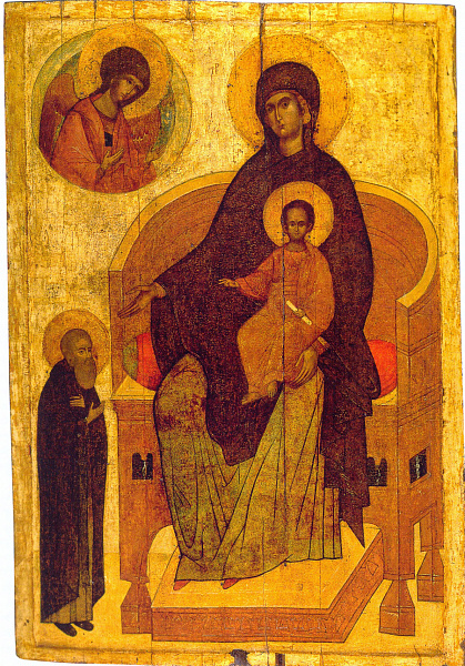 Богоматерь с Младенцем на престоле с предстоящим преподобным Сергием Радонежским и ангелом