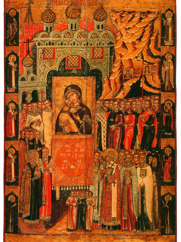 Сретение Владимирской иконы Богородицы, с избранными святыми на полях (Сольвычегодская) 