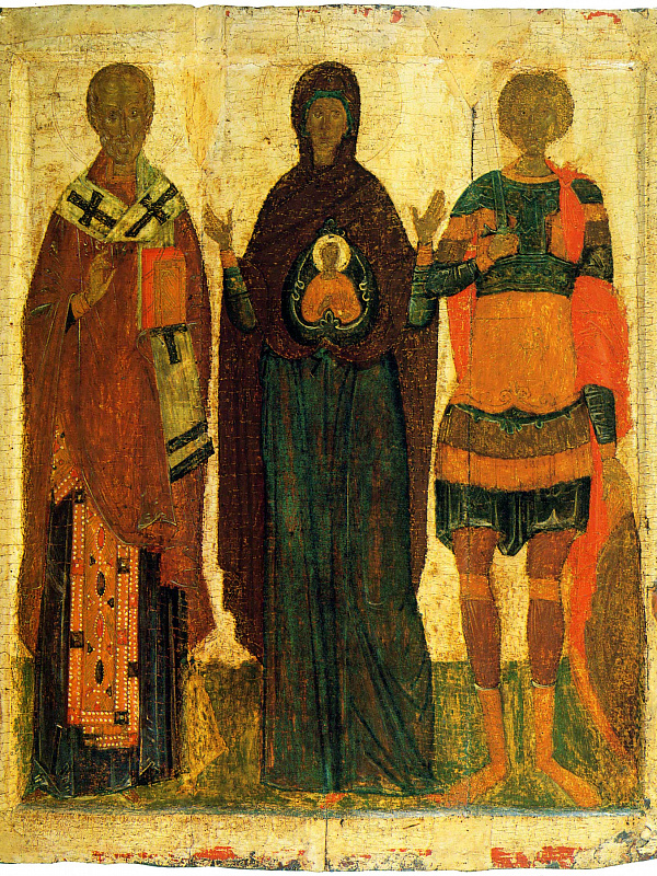 Богоматерь Великая Панагия со святителем Николаем и Георгием Победоносцем  