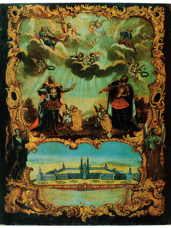 Святой князь Александр Невский и его брат, благоверный князь Феодор, с видом Александро-Невского монастыря 