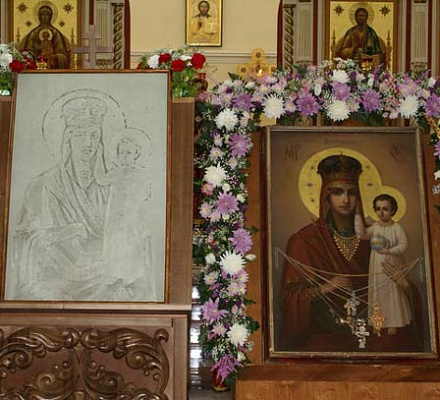 Icona Vvedenskaya su vetro 'Guarda l'umiltà'