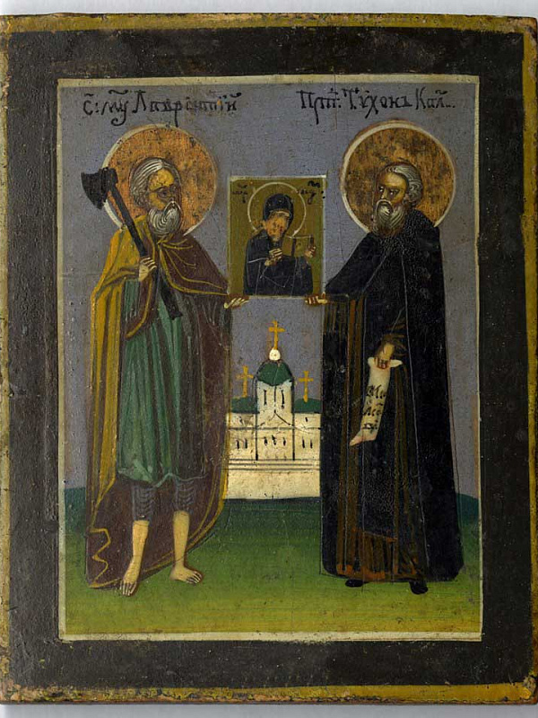 Прпдб. Тихон Медынский и блж. Лаврентий Калужский с образом Богоматери 